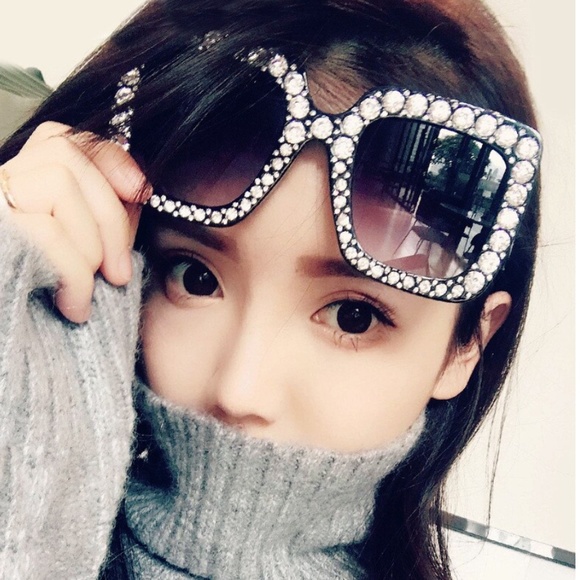 black boho square bug eye oversized sunglasses - Picture 2 of 4